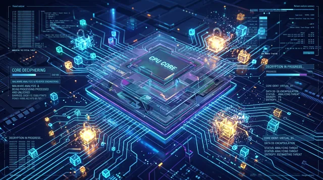 Zoom digital hacia un procesador con circuitos iluminados