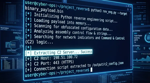Terminal ejecutando un script de ingeniería inversa con Python