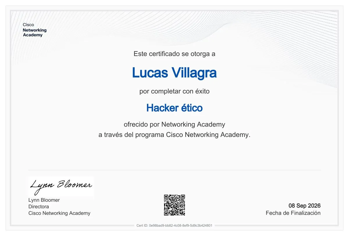 Certificado Cisco Networking Academy — Hacker Ético