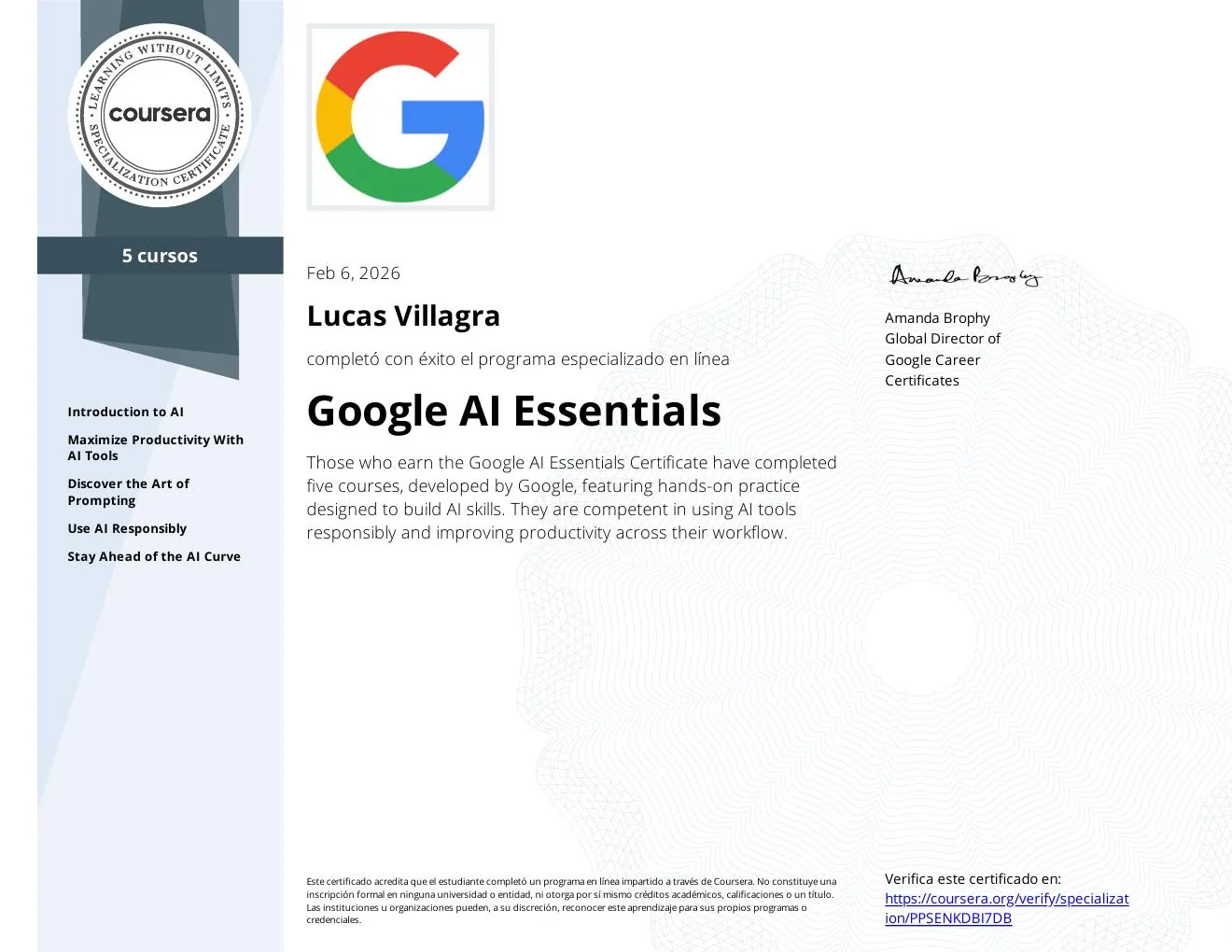 Google AI Essentials Certificate — Coursera